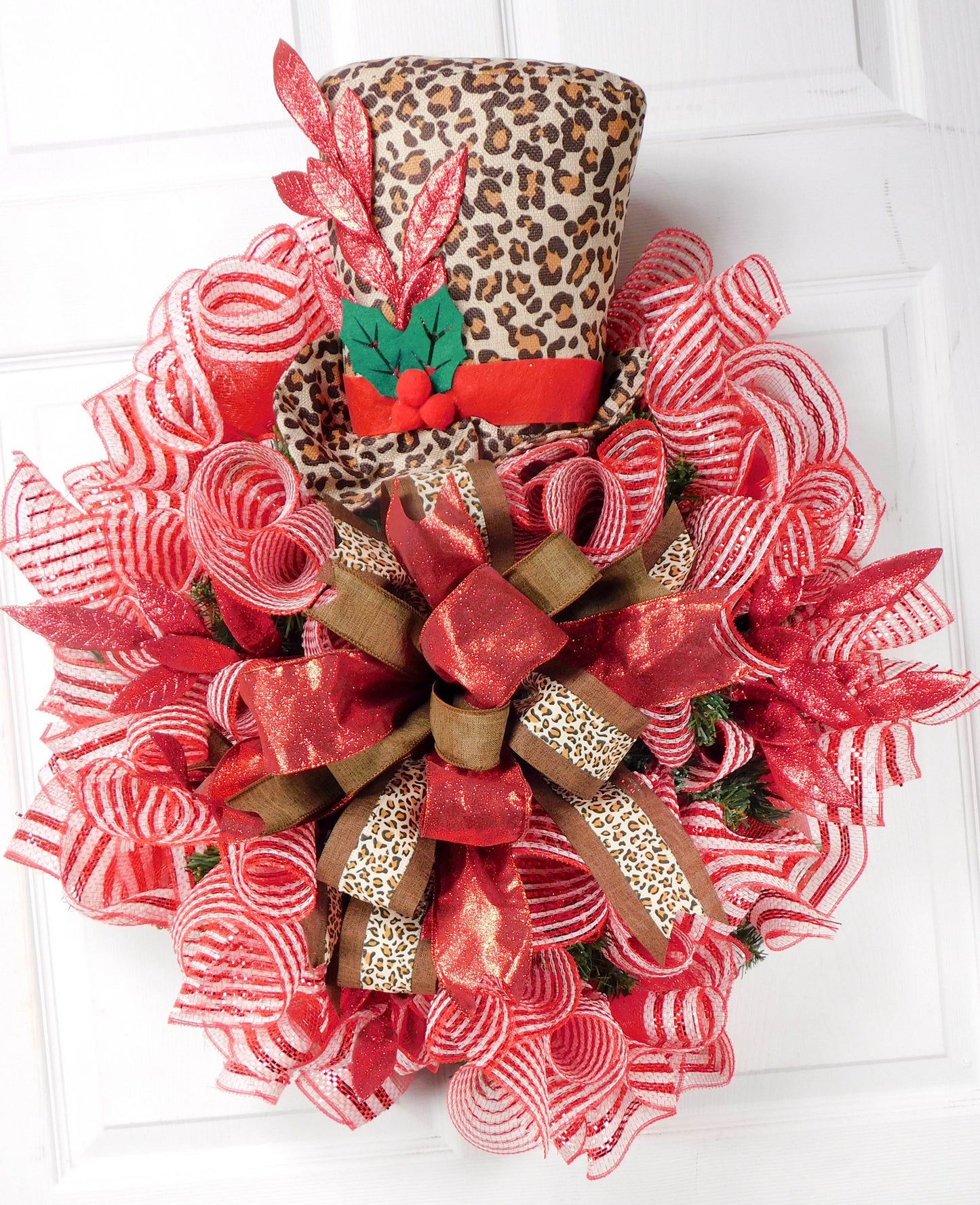 Leopard Print Top Hat Christmas Wreath with Red and White Deco Mesh - 28” Holiday Decor