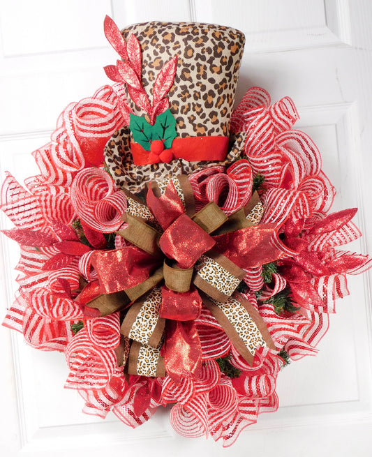 Leopard Print Top Hat Christmas Wreath with Red and White Deco Mesh - 28” Holiday Decor