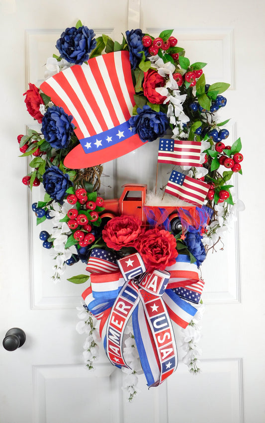 Patriotic Memorial Day Grapevine Wreath with Uncle Sam Hat and Red Truck - 48