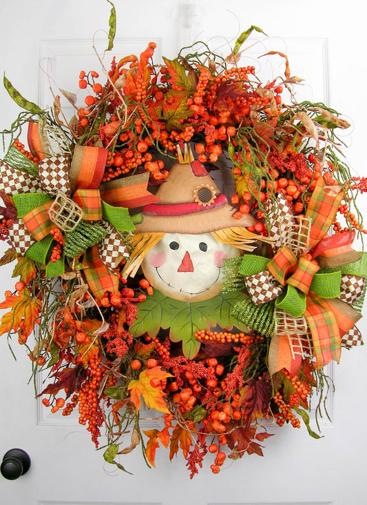 Berried Scarecrow Fall Wreath with Pumpkin Stems and Double Terri Bows - Designer Series