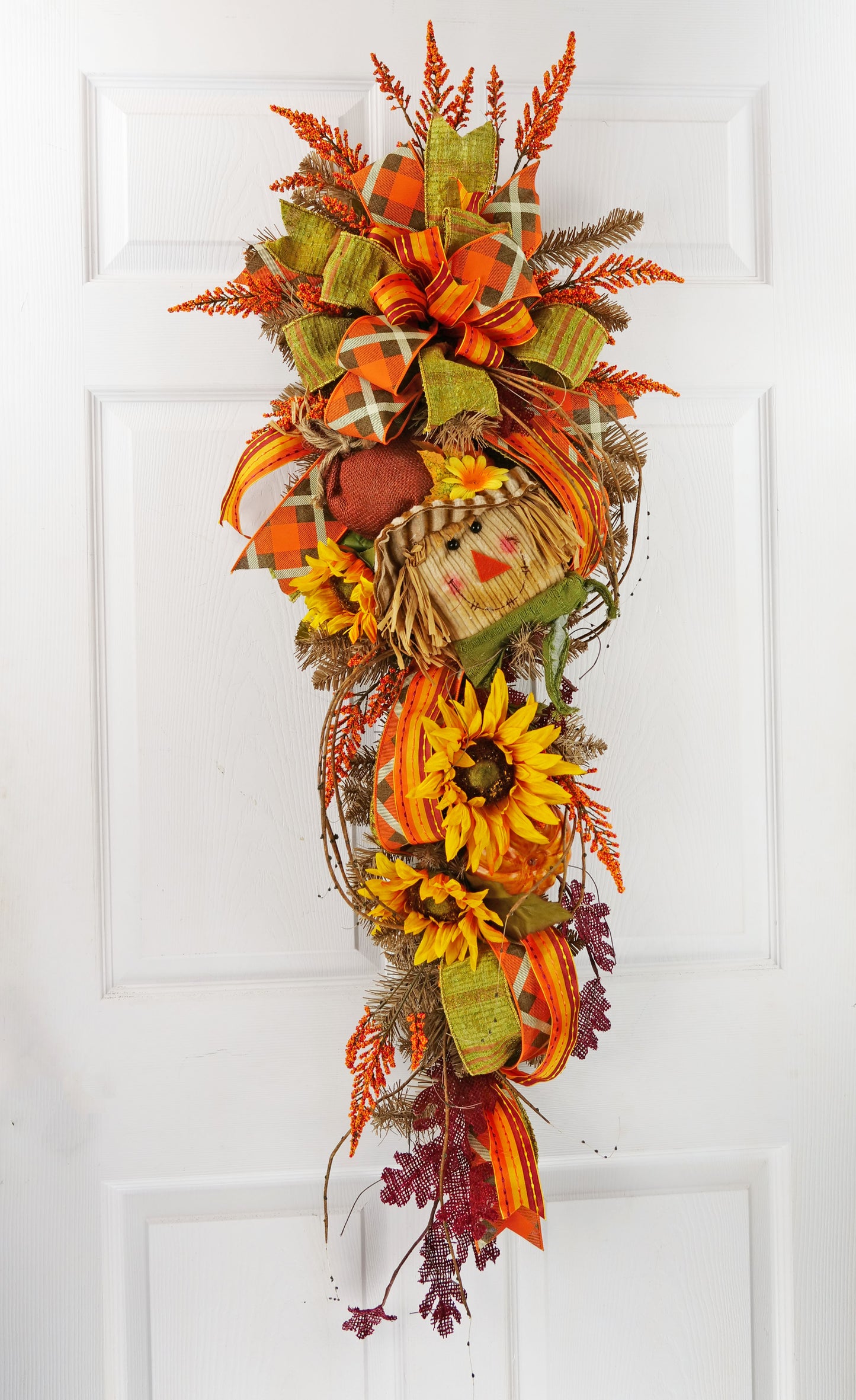 Fall Scarecrow Door Swag with Sunflowers, Pumpkins, and Terri Bow - Autumn Decor