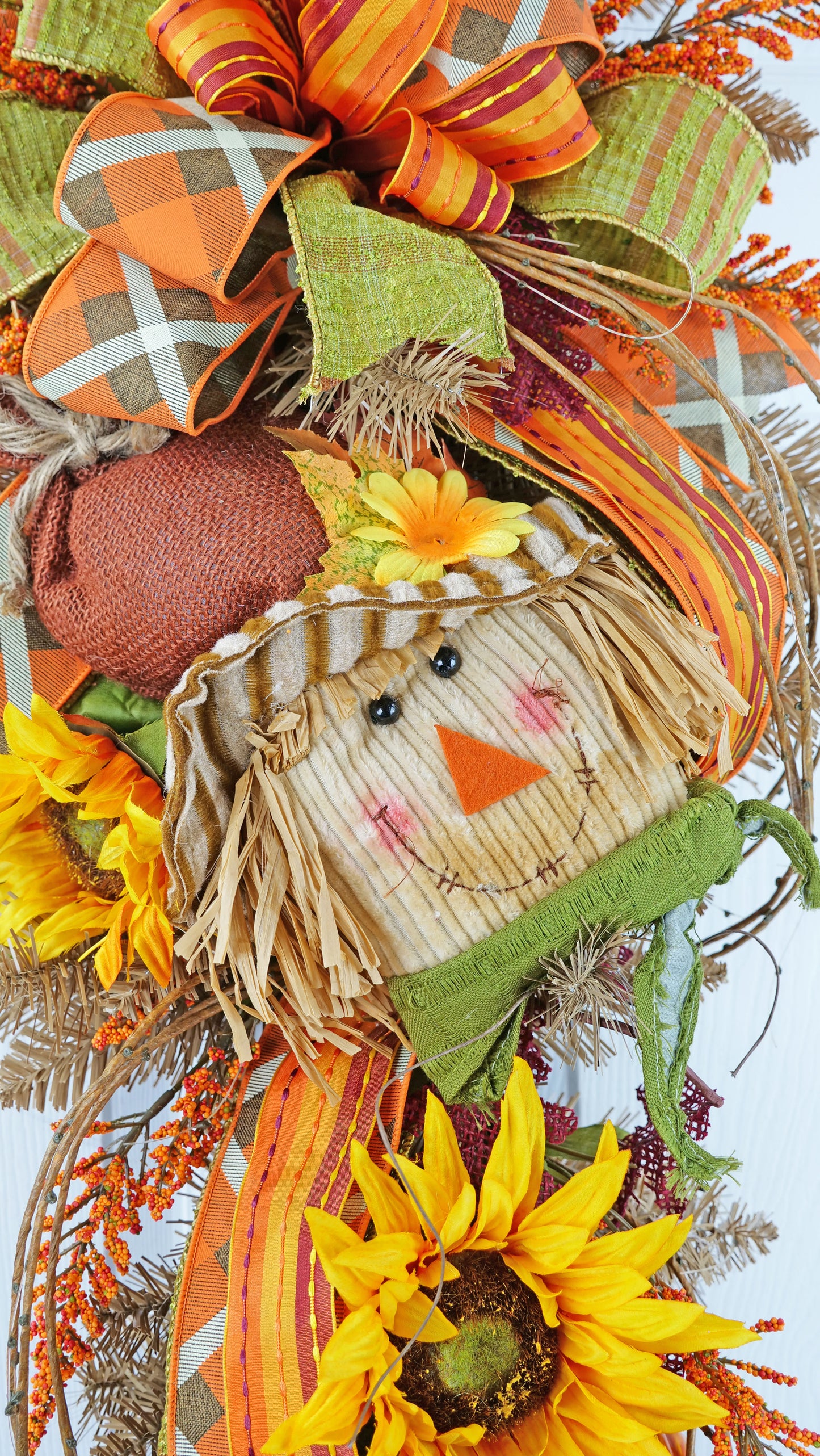 Fall Scarecrow Door Swag with Sunflowers, Pumpkins, and Terri Bow - Autumn Decor