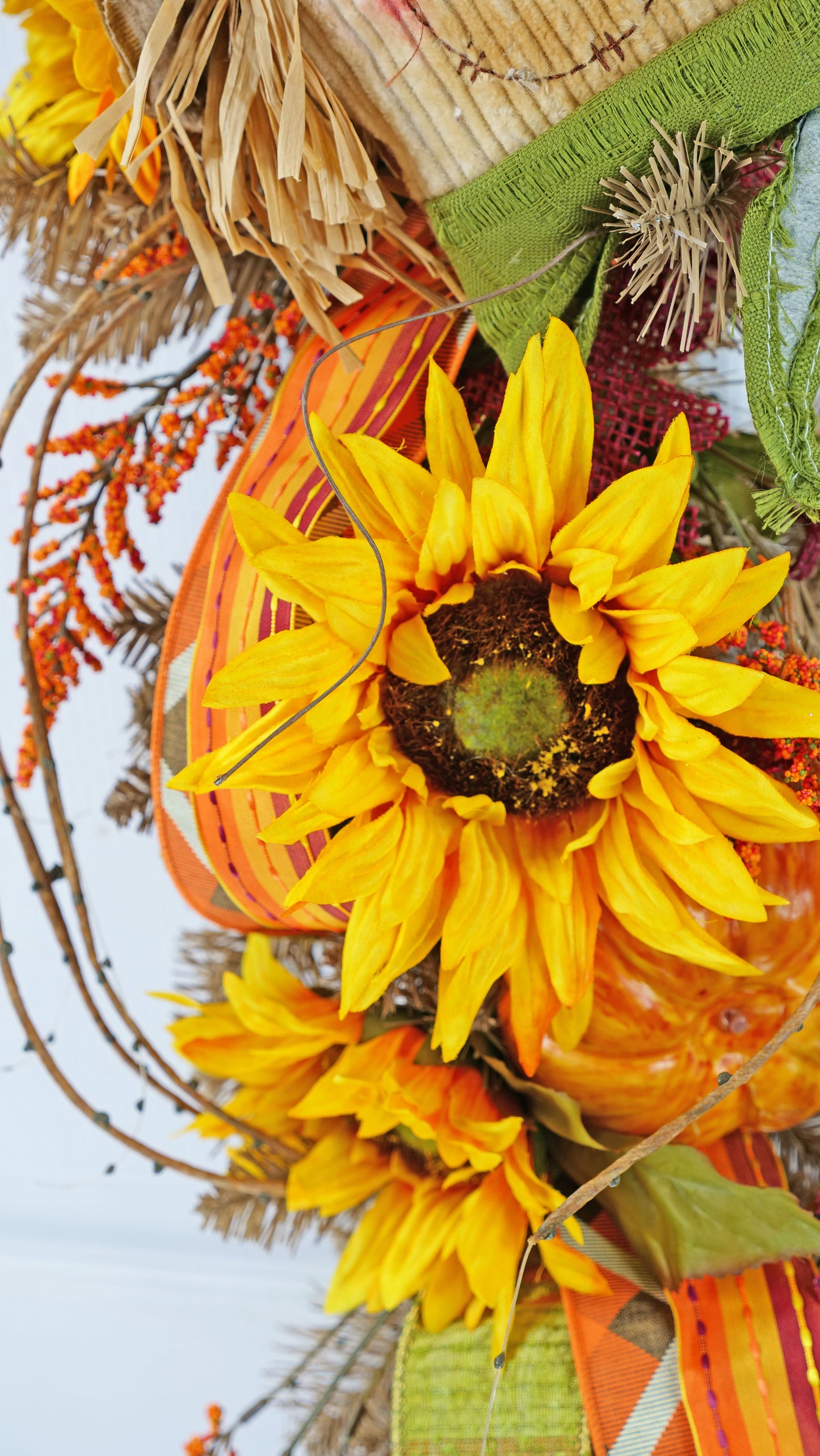 Fall Scarecrow Door Swag with Sunflowers, Pumpkins, and Terri Bow - Autumn Decor