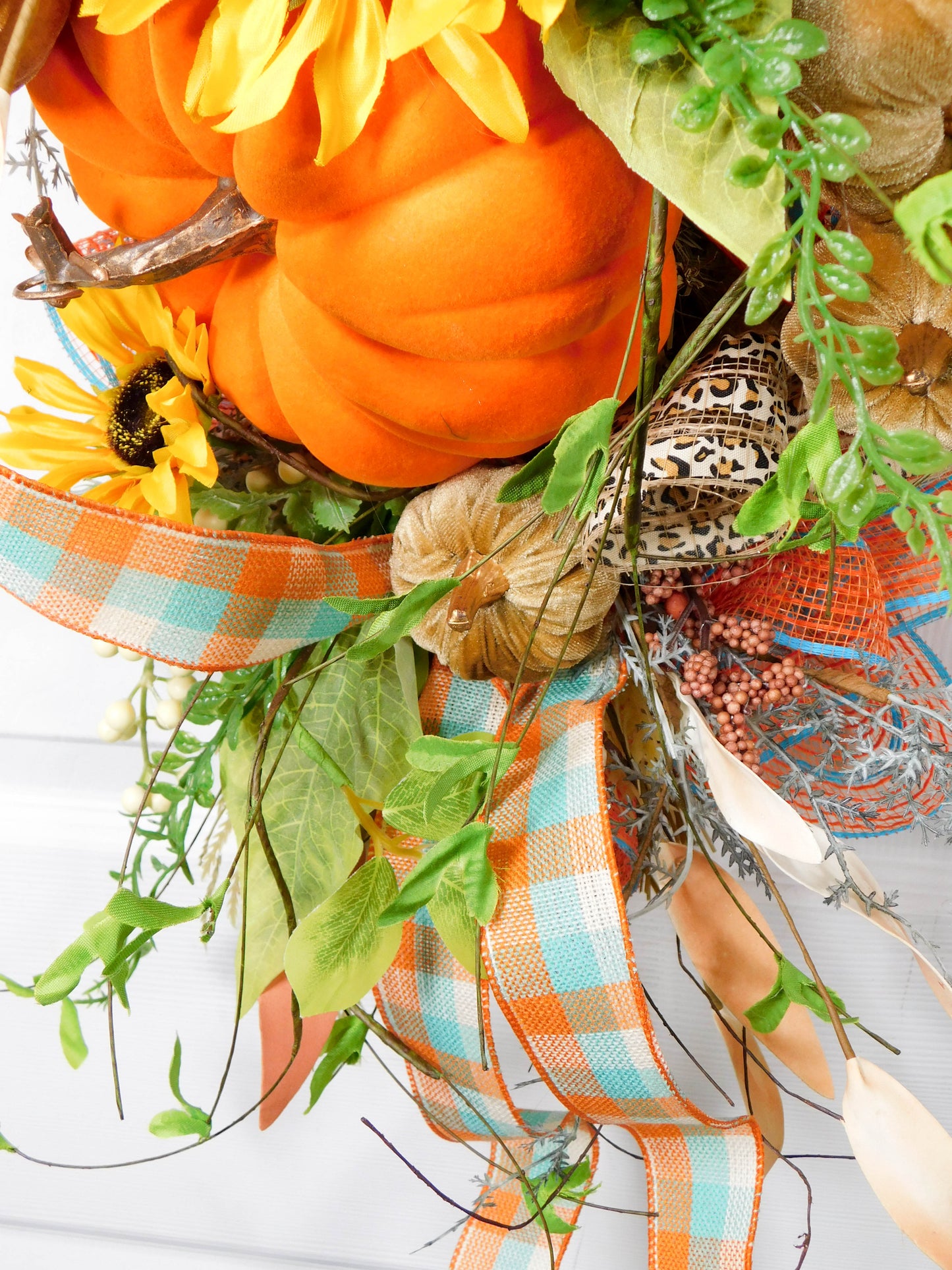 Modern Fall Scarecrow Swag with Teal and Orange Pumpkins - 38” Autumn Welcome Decor