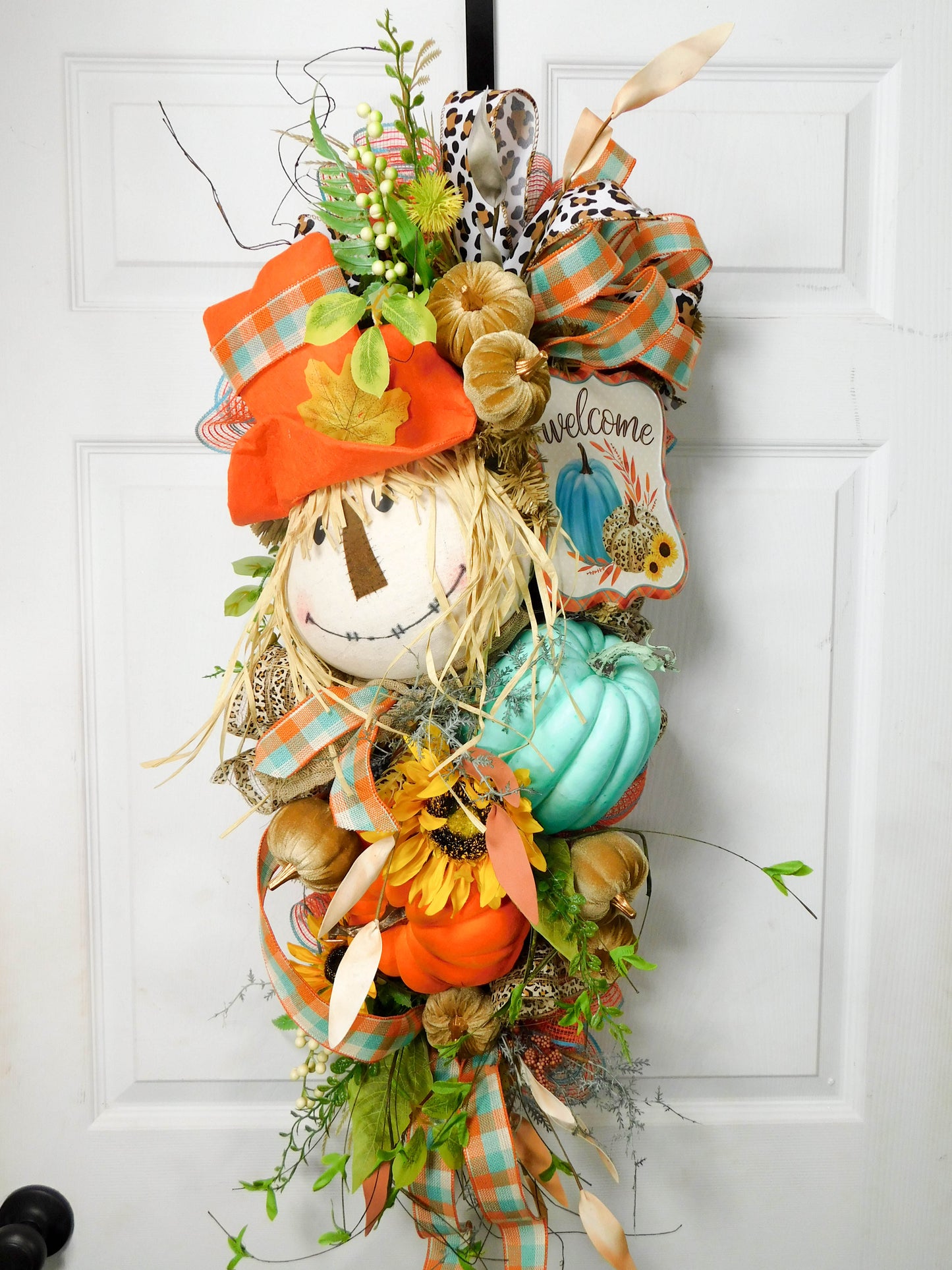 Modern Fall Scarecrow Swag with Teal and Orange Pumpkins - 38” Autumn Welcome Decor