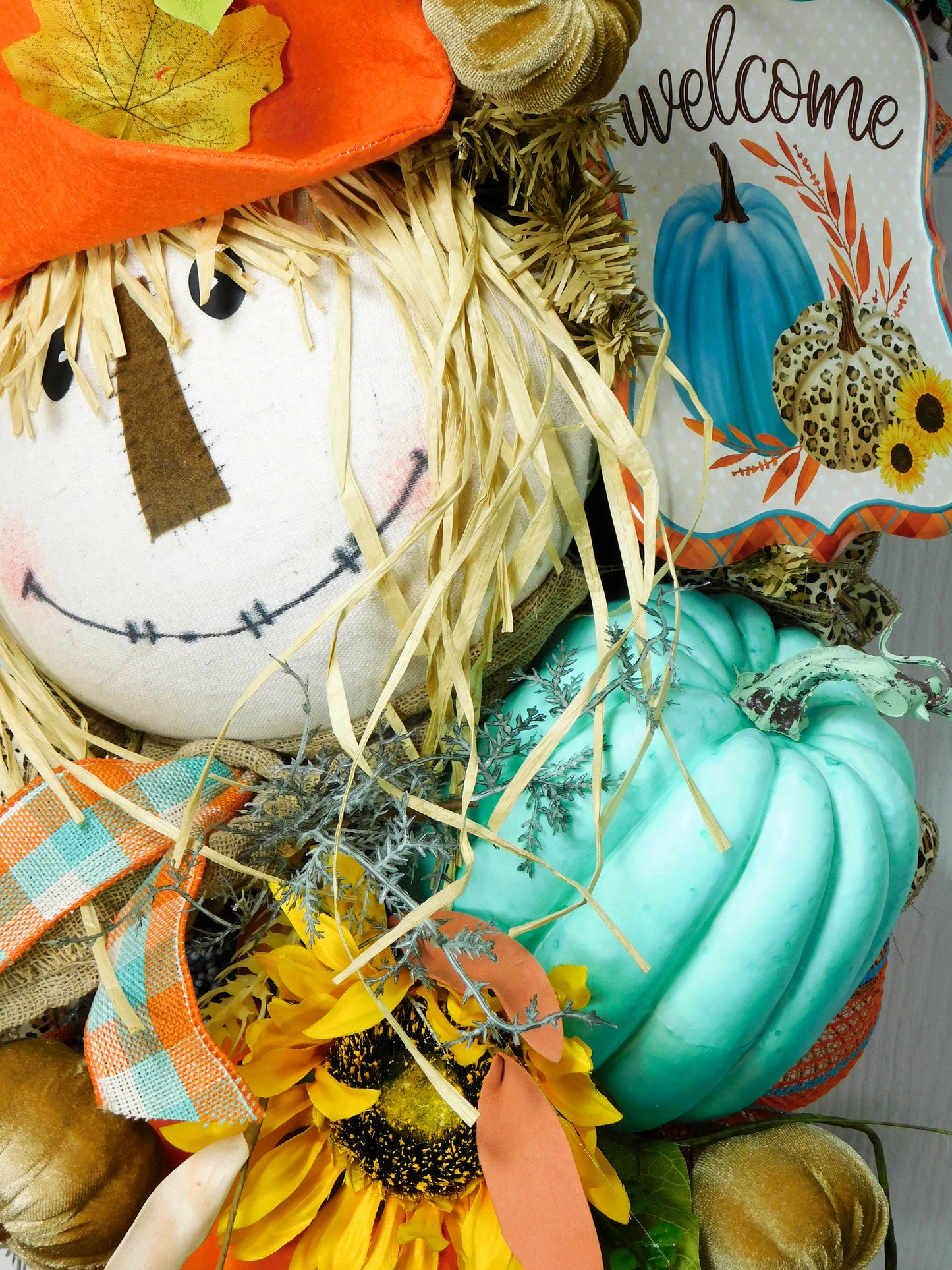 Modern Fall Scarecrow Swag with Teal and Orange Pumpkins - 38” Autumn Welcome Decor