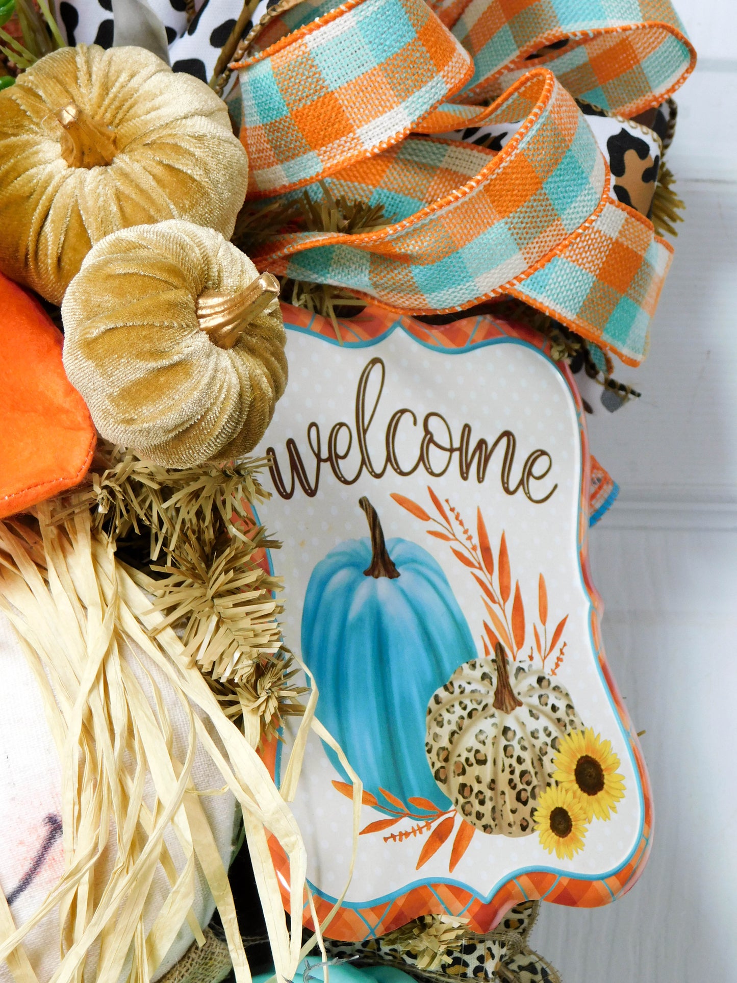 Modern Fall Scarecrow Swag with Teal and Orange Pumpkins - 38” Autumn Welcome Decor