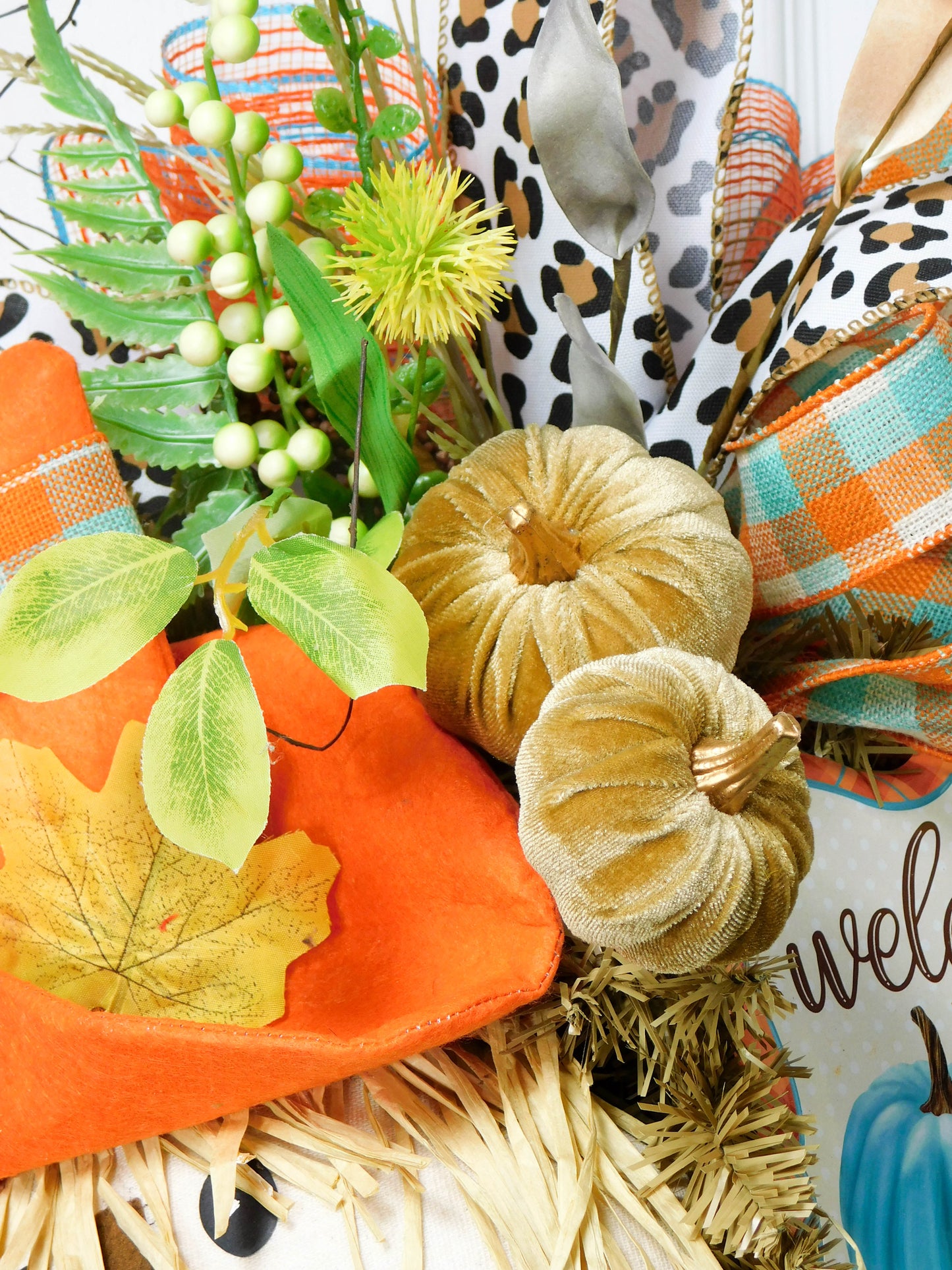 Modern Fall Scarecrow Swag with Teal and Orange Pumpkins - 38” Autumn Welcome Decor