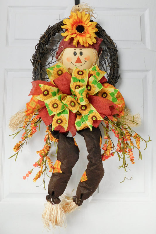 Sunflower Scarecrow Fall Wreath with Burlap Bows and Autumn Accents - Harvest Door Decor