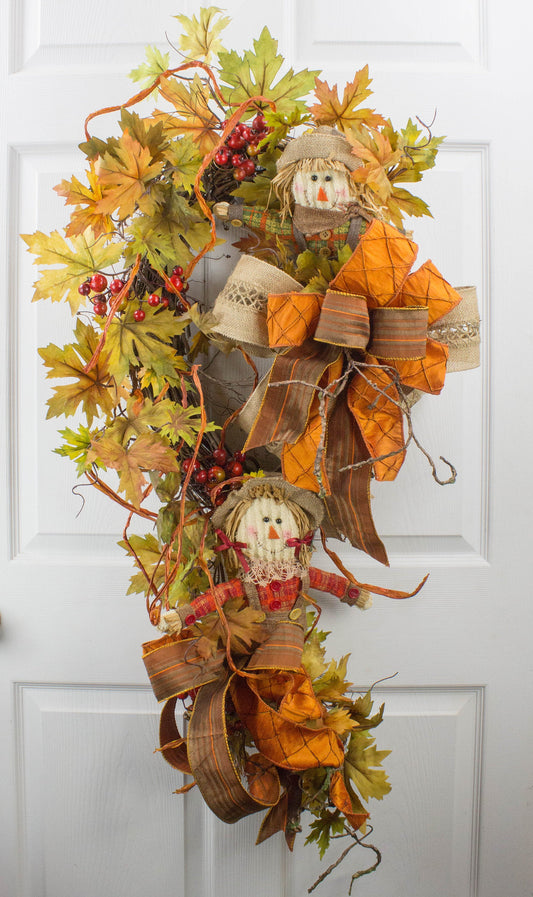 Autumn Scarecrow Door Swag with Orange Bows and Berry Accents - Fall Harvest Decor