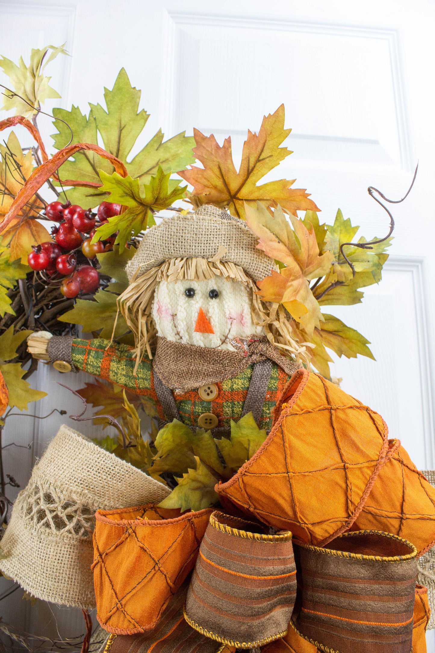 Autumn Scarecrow Door Swag with Orange Bows and Berry Accents - Fall Harvest Decor