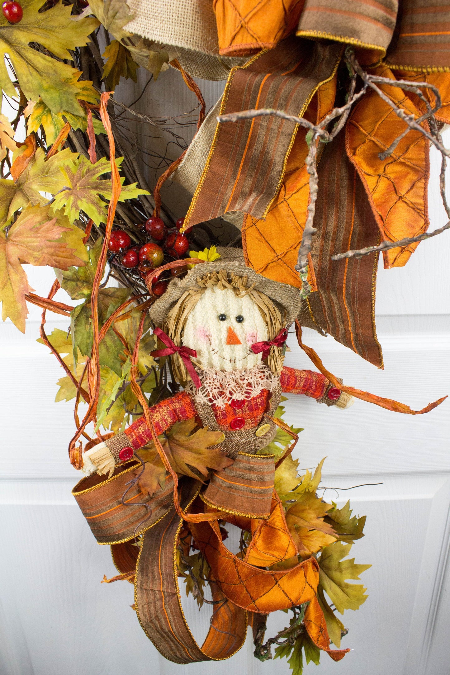 Autumn Scarecrow Door Swag with Orange Bows and Berry Accents - Fall Harvest Decor