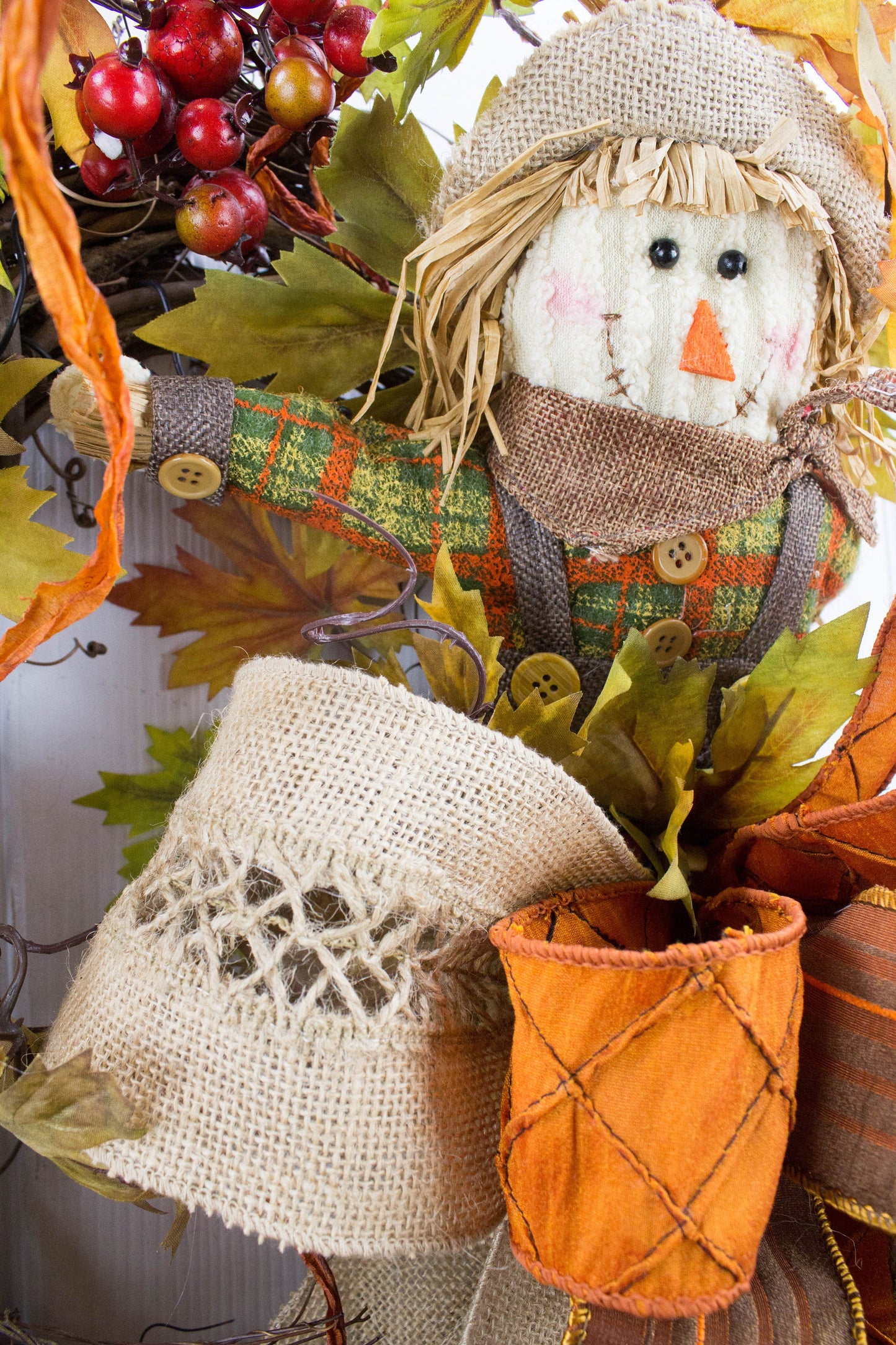 Autumn Scarecrow Door Swag with Orange Bows and Berry Accents - Fall Harvest Decor