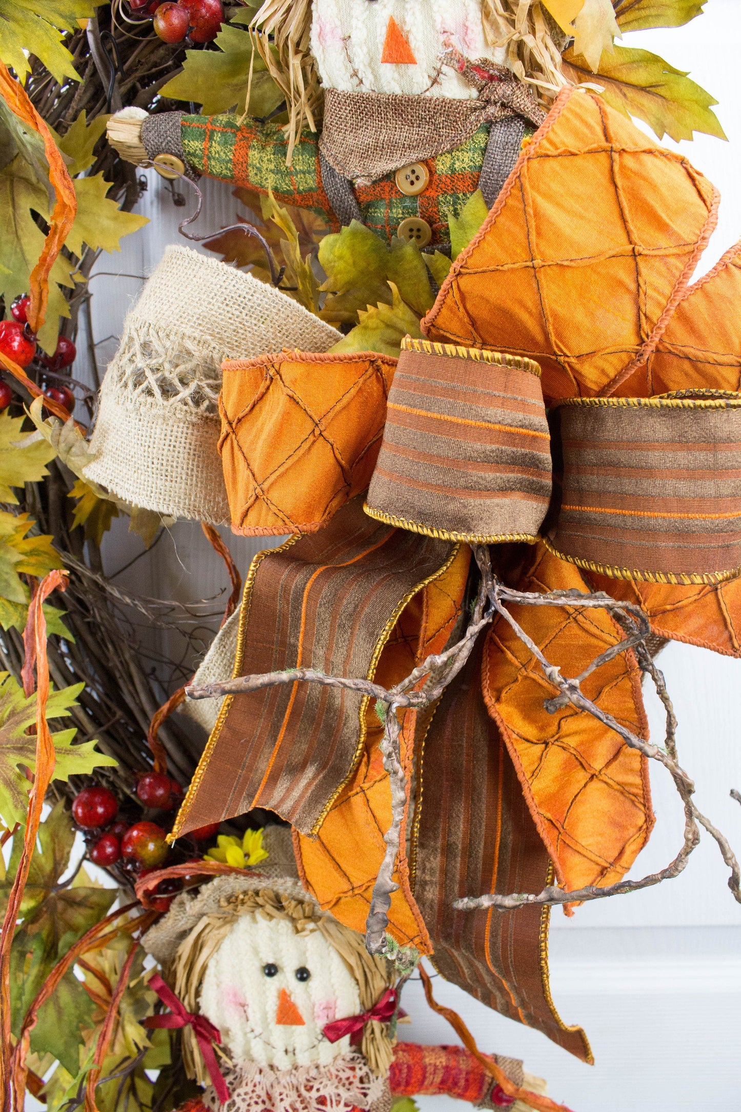 Autumn Scarecrow Door Swag with Orange Bows and Berry Accents - Fall Harvest Decor