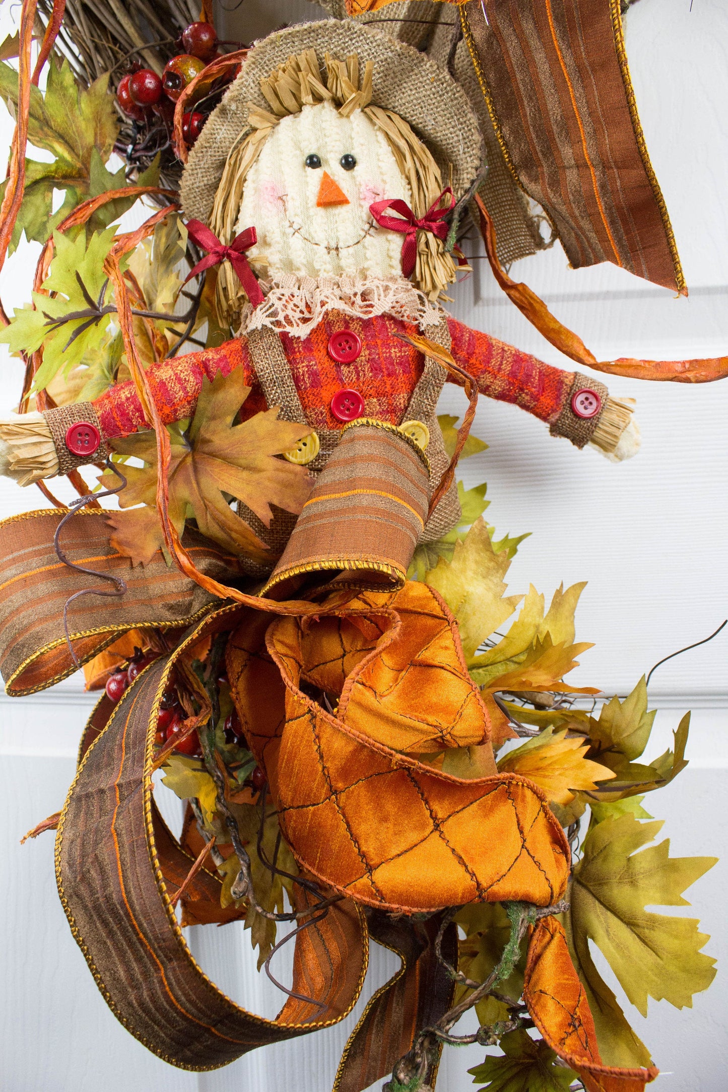 Autumn Scarecrow Door Swag with Orange Bows and Berry Accents - Fall Harvest Decor