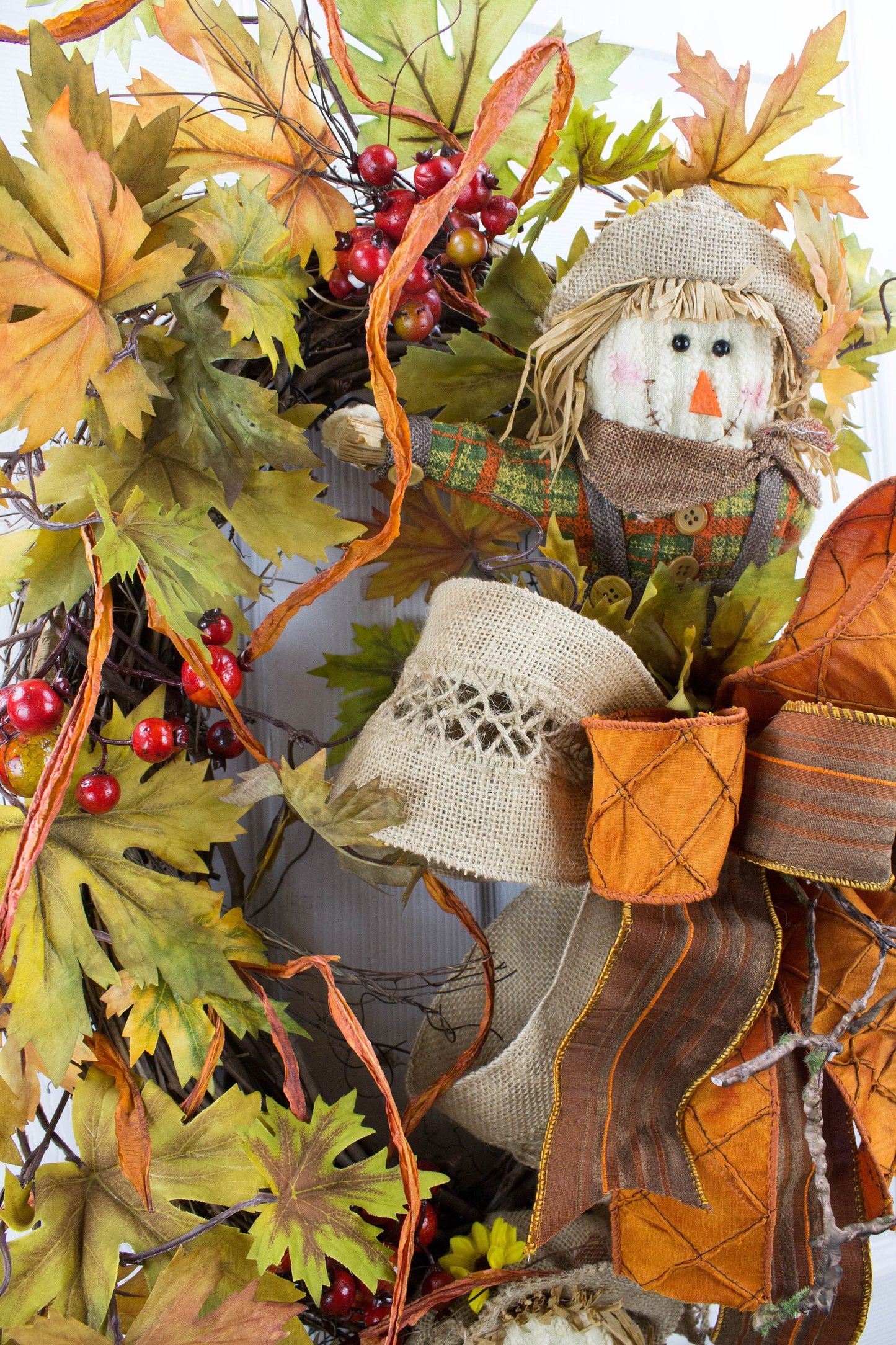 Autumn Scarecrow Door Swag with Orange Bows and Berry Accents - Fall Harvest Decor