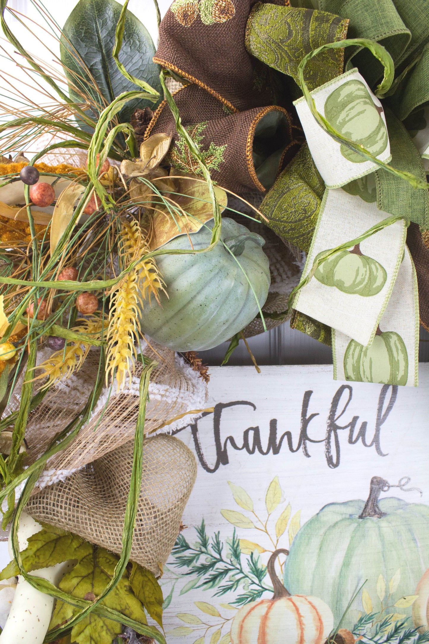 Thankful Pumpkin Grapevine Wreath with Fall Ribbons and Berries