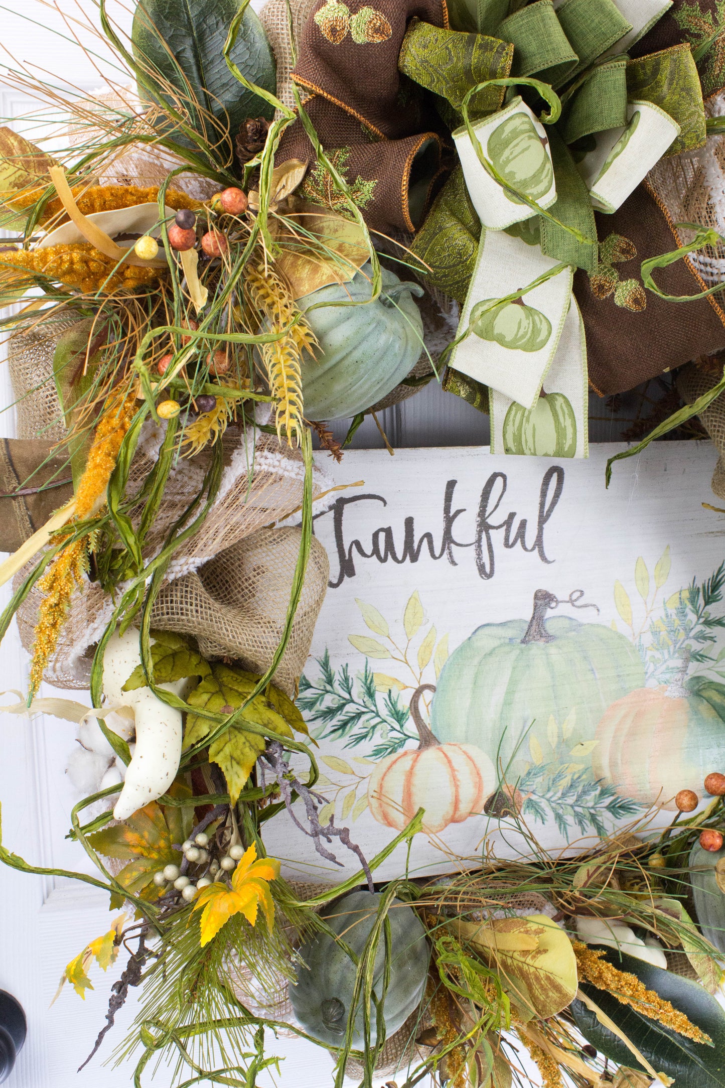 Thankful Pumpkin Grapevine Wreath with Fall Ribbons and Berries