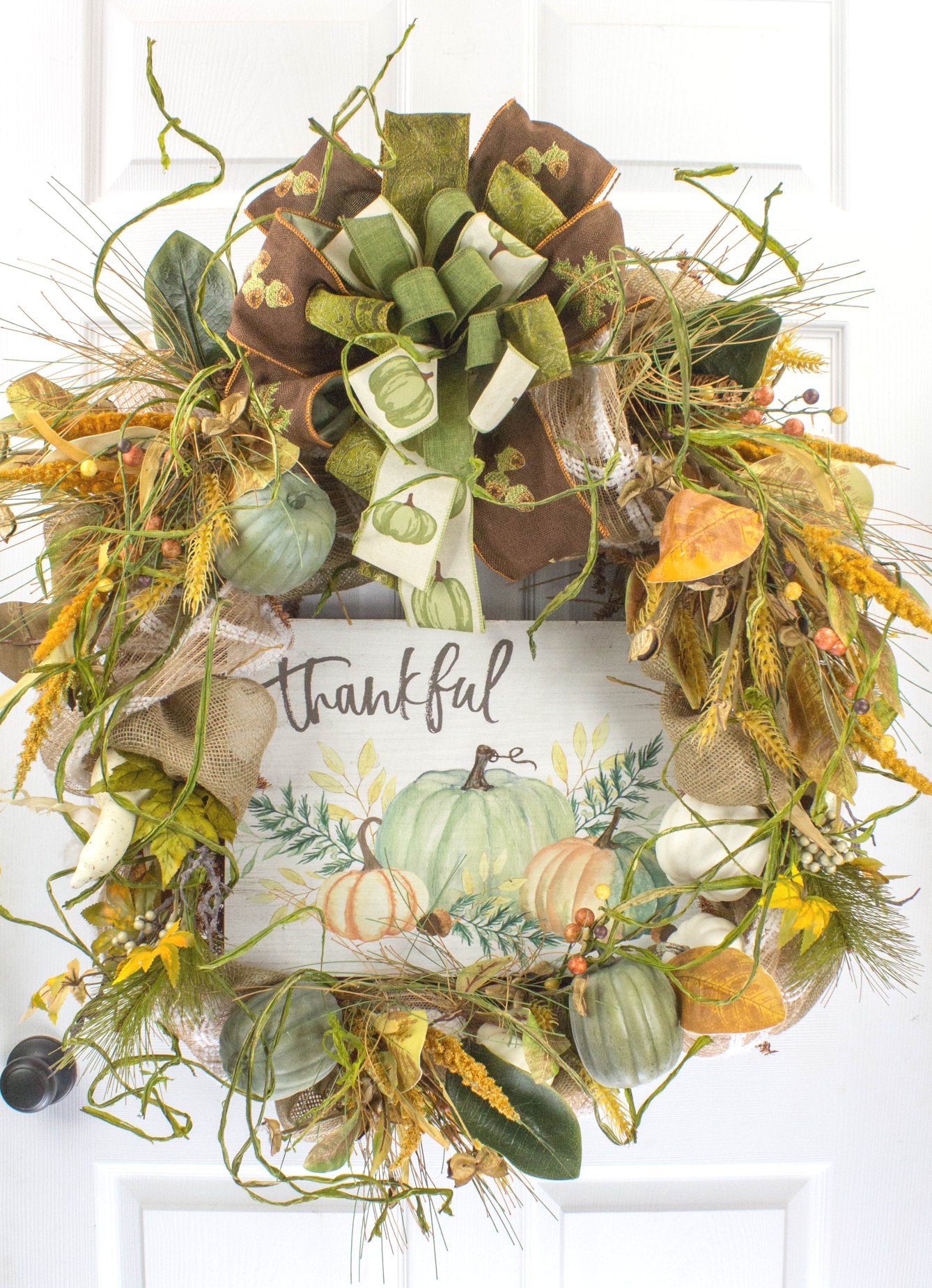 Thankful Pumpkin Grapevine Wreath with Fall Ribbons and Berries