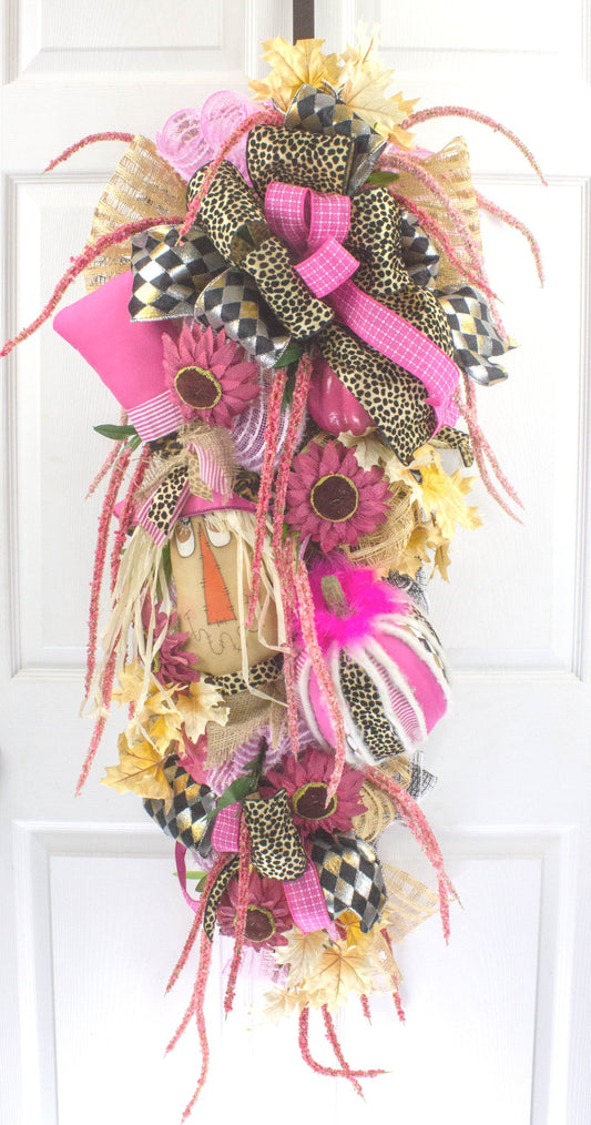 Vibrant Fall Door Swag with Pink and Leopard Accents - Autumn Harvest Scarecrow Decoration